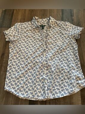 Lauren Ralph Lauren Blue Paisley Button Down W Ruffle Front & Monogram Pocket XL